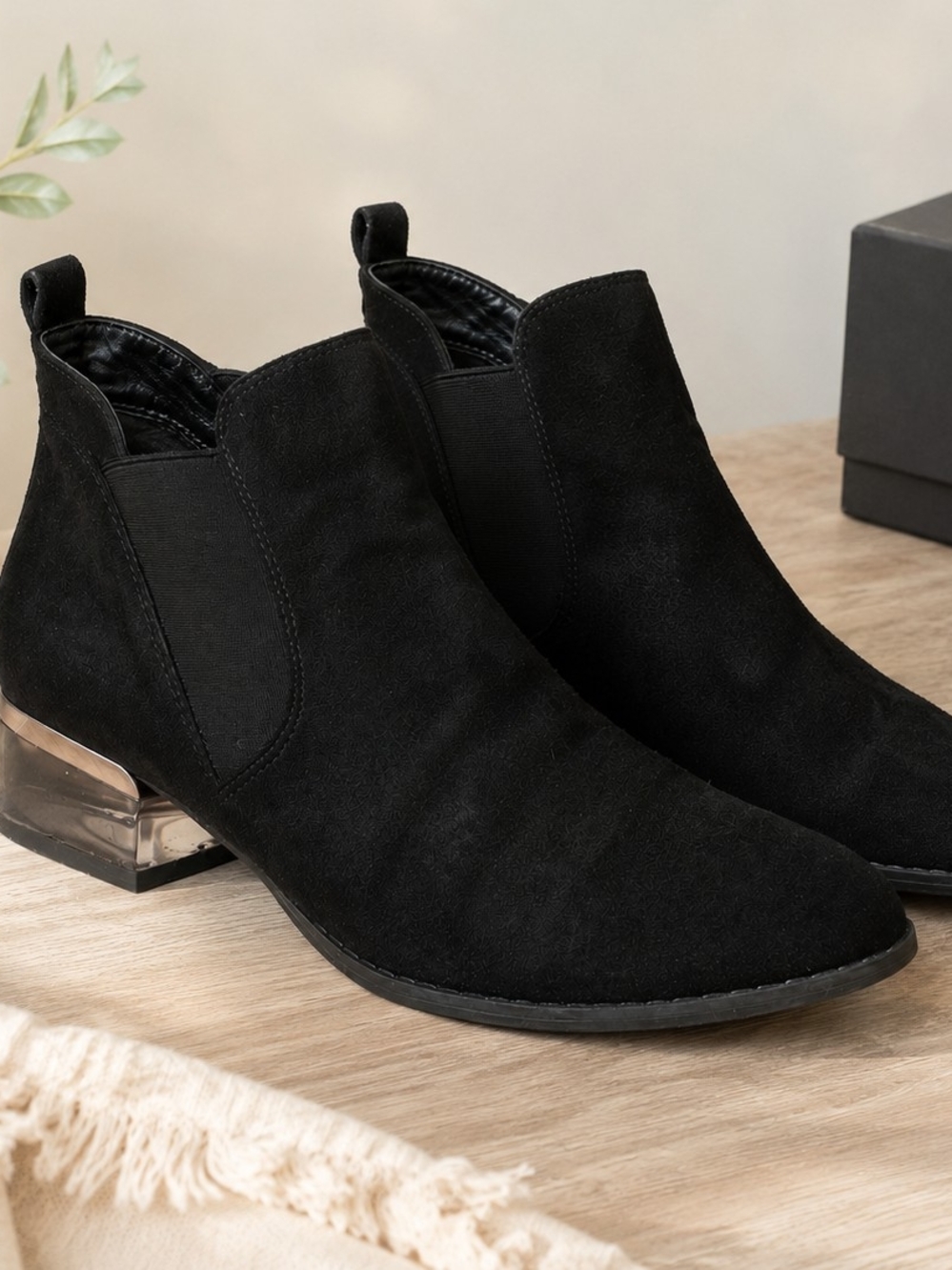 Spring Black Suede Chelsea Ankle Boots | Clear Block Heel | Size US 8.5 / EU 39